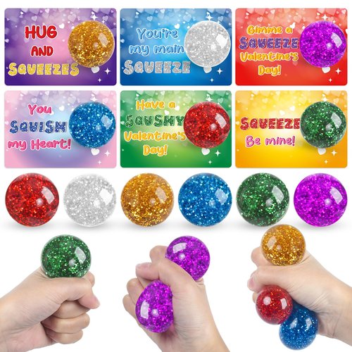 NEUBSAW 24 Packs Valentine's Day Cards with Gli-tter Stress Squishy Balls Toy for Classroom Exchange, Valentine's Gifts Party Favors for Boys Girls School, Valentine's Prizes for School