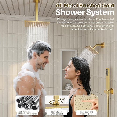 **Regine Switzerland Gold Shower Faucet Set - Brushed Gold 10'' Ceiling & 6'' Wall Mounted Shower Heads | 3-in-1 Handheld Combo**
