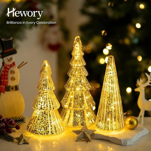 Hewory Gold Christmas Tree Decorations - Set of 5 Glass Tabletop Trees with LED Fairy Lights | Glitter Mercury Glass Holiday Decor