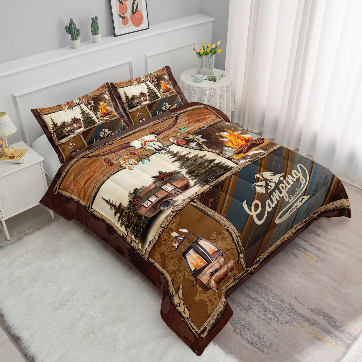 Smell Sunshine Camping Cabin Comforter Set for Kids Teens,Outdoor Adventure Campfire Comforter Set with 1 Comforter and 2 Pillowcases for Teens and Boys Bedroom All Season(Camping Cabin Twin)