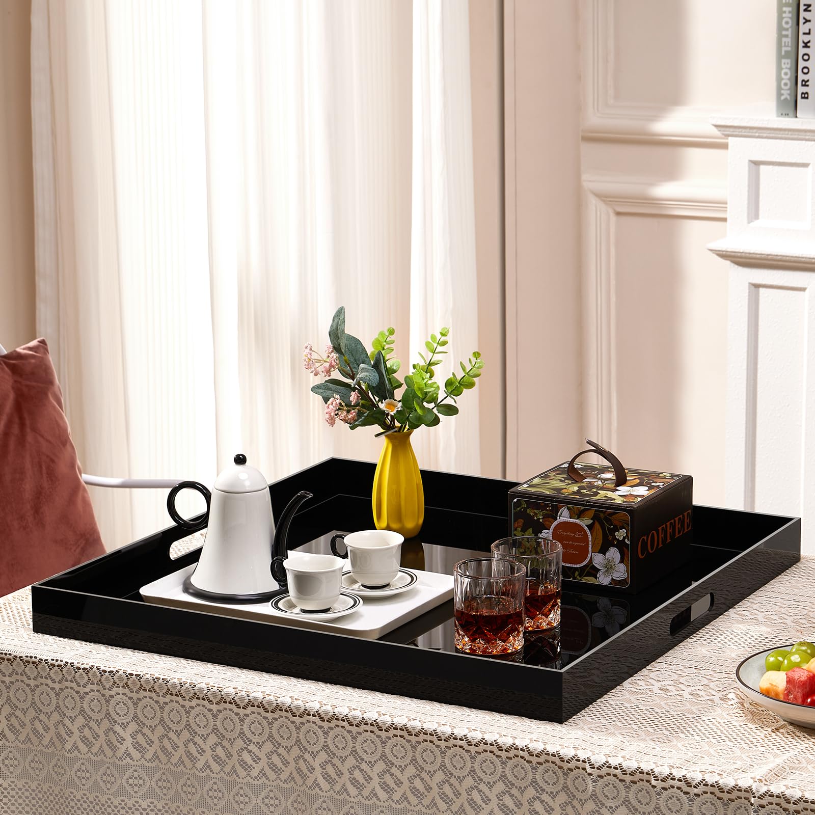 20×20 inches Oversized Black Acrylic Ottoman Tray Extra Large Decorative Tray Spill-Proof Serving Trays with Handles King-Size Safe Edge Organizer for Coffee Table Countertop Breakfast