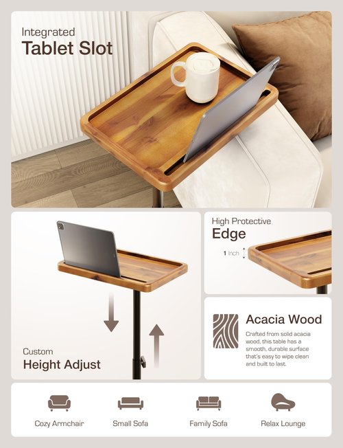 HOLANA Acacia Wood Adjustable C-Shaped Couch Table – 360° Swivel Side Table for Sofa - Small End Table for iPad, Laptop, or TV Tray – Eating Trays for Living Room or Bedside Use (Acacia)