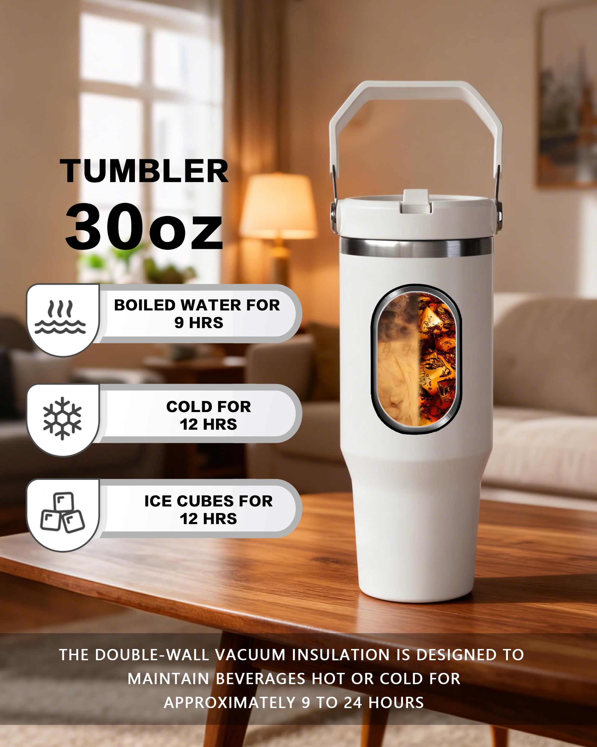 ZREGGUR 30 oz sublimation Blank Tumbler with Handle and Flip Straw, Stainless Steel Vacuum Insulated Water Bottle Travel Mug Thermal Cup for Home, Office, Car, Outdoors, Sports (white-10p)