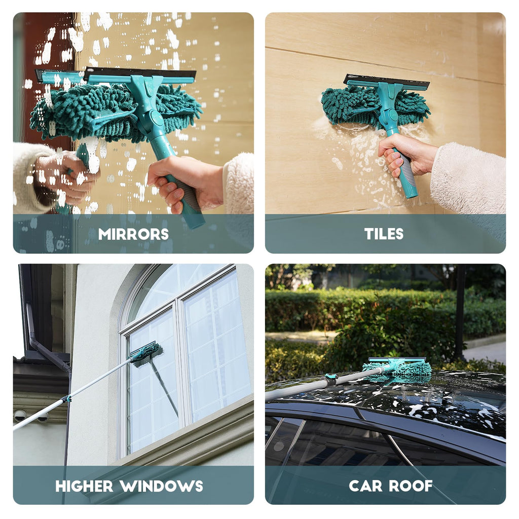 TelesPro 20 Feet High Reach Window Squeegee with 5-12Ft Extension Pole, Window Cleaner Tool with 3-Stage Telescoping Pole, Window Cleaning Kit with Rotatable Head (2 Squeegee & 2 Microfibre Cloths)