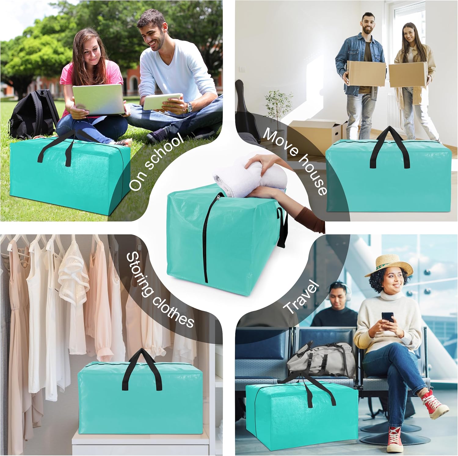 VELVETSURE Heavy Duty Large Moving Bags - 6 Pack with Backpack Straps & Strong Handles, Aquamarine