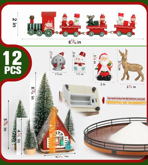 AMH Christmas Table Decorations Set - 12 PCS Oak Rotating Base with Santa, Train, House & Trees