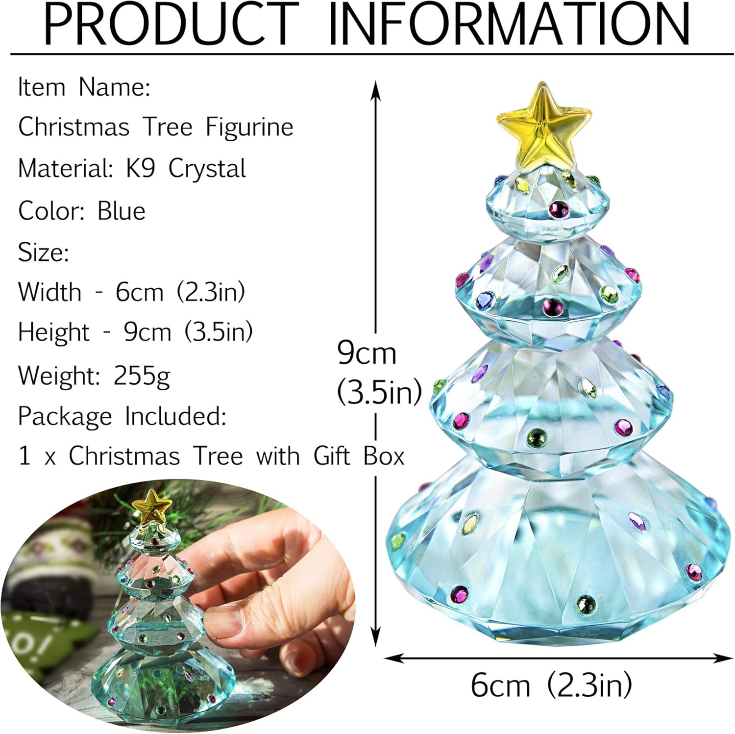 QFkris Crystal Christmas Tree Figurine - 3.5" Glass Paperweight Table Ornament | Blue Holiday Gift