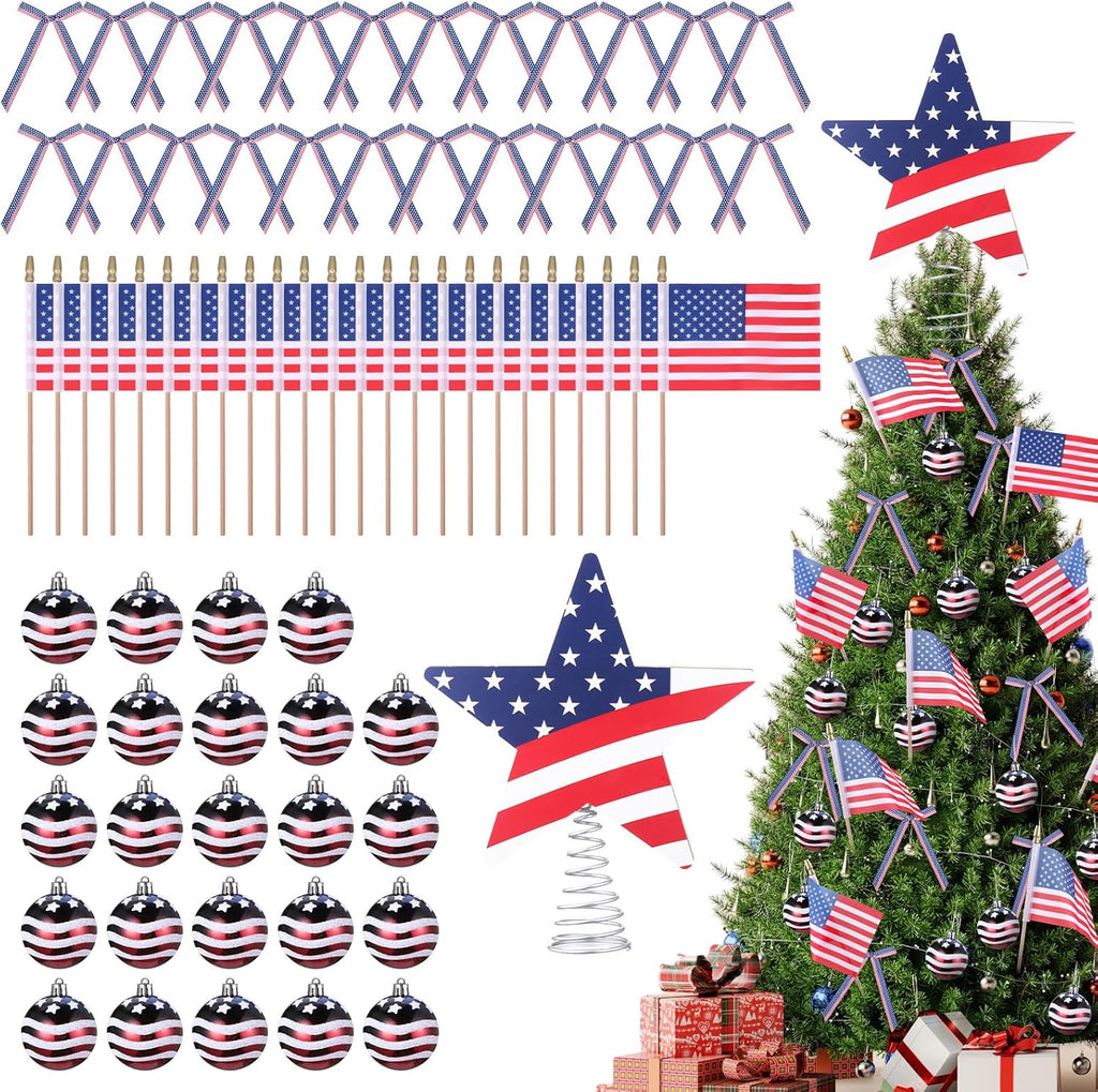 Seematn 73 Pcs Patriotic Tree Ornaments - 4th of July Decorations with Flag, Star Topper & Bows
