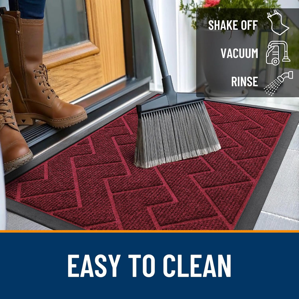 OLANLY Waterproof Front Door Mat - All-Season Herringbone Design | Easy Clean, Low Profile, Wine Red (71x47)