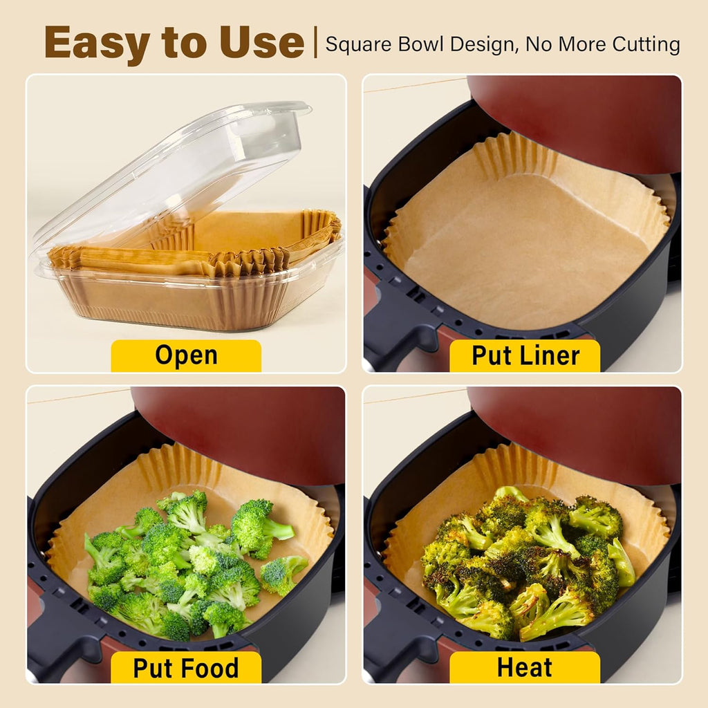 Air Fryer Liners | 125 Pcs Unbleached Non-Stick Parchment Paper | 8 Inch Square for 5-8QT Air Fryers