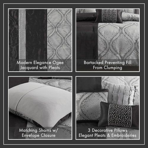 Madison Park Queen Comforter Set Jacquard Comforters for Queen Size Bed, Ogee Print, Pleated Trims, All Season Luxurious Comforters Queen Size Bedding Set, Lori, Full/Queen Black/Silver 6 Piece
