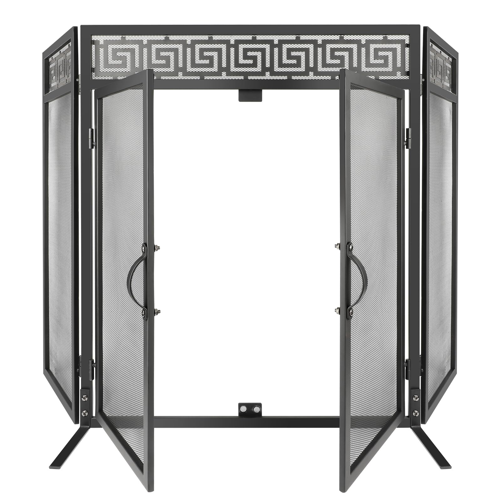 Nouetele Fireplace Screen with Doors, 3 Panel Fire Place Screens Stand Alone, Extra Large Heavy Duty Wrought Iron Spark Guard, Outdoor Metal Mesh Gate for Child Safety, Black 50" W x 32" H