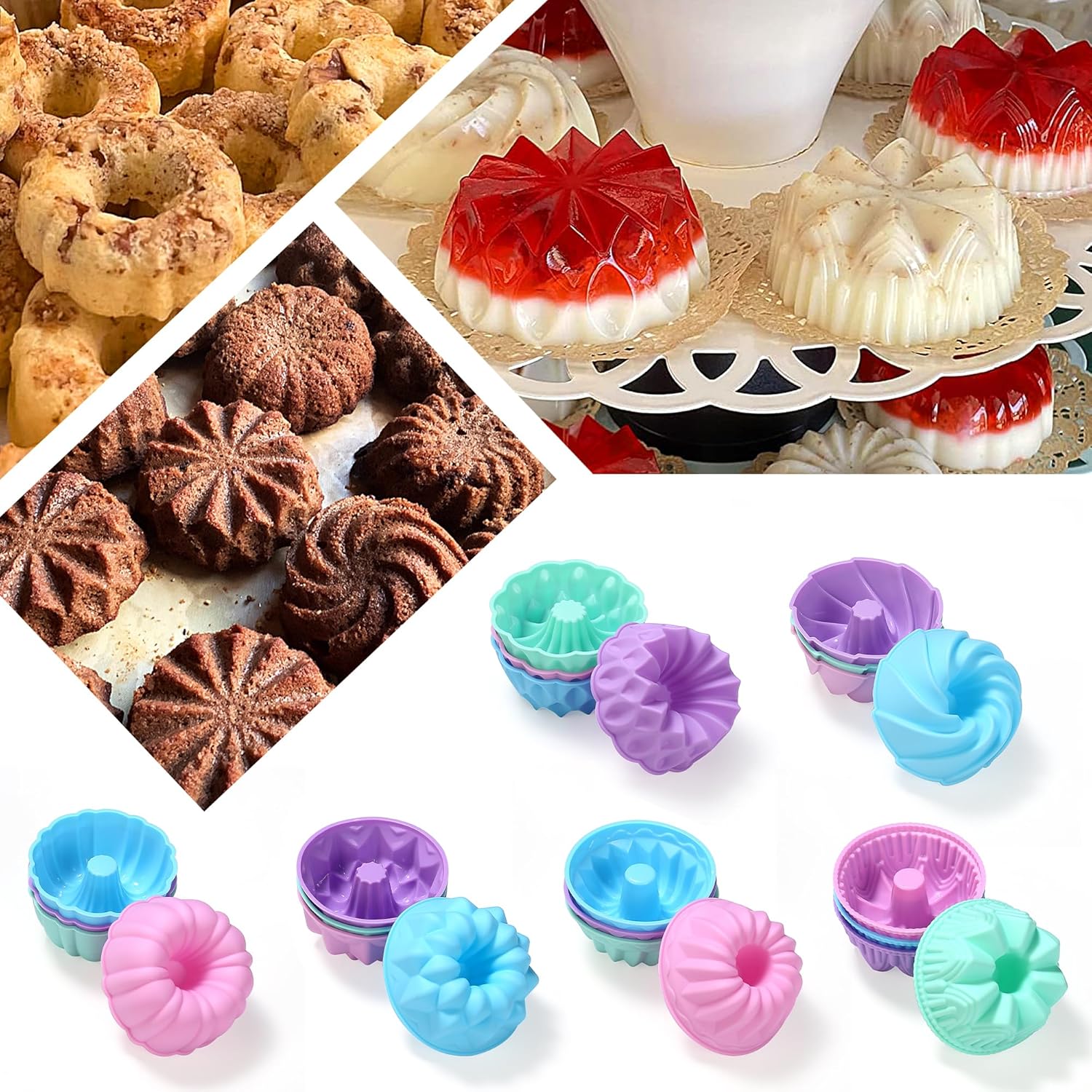 Skiennix 24-Pack Silicone Donut Molds - Nonstick 3-Inch Baking Cups | Oven, Microwave & Dishwasher Safe
