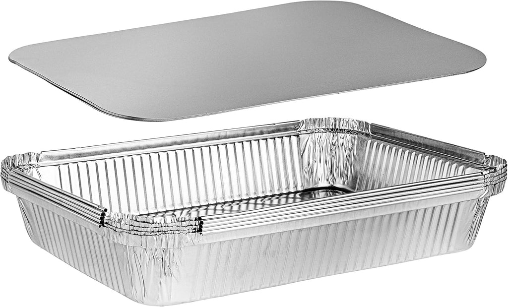 PLASTICPRO Disposable Aluminum Baking Pans - 4 LB Oblong 12'' x 8'' x 2'' with Cardboard Lids | Perfect for Brownies, Bread & Lunchboxes - Pack of 5