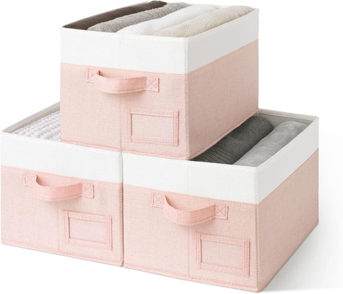 Granny Says Storage Baskets - Medium Fabric Organizing Bins | Pink & Ivory, 3-Pack for Closet & Shelf