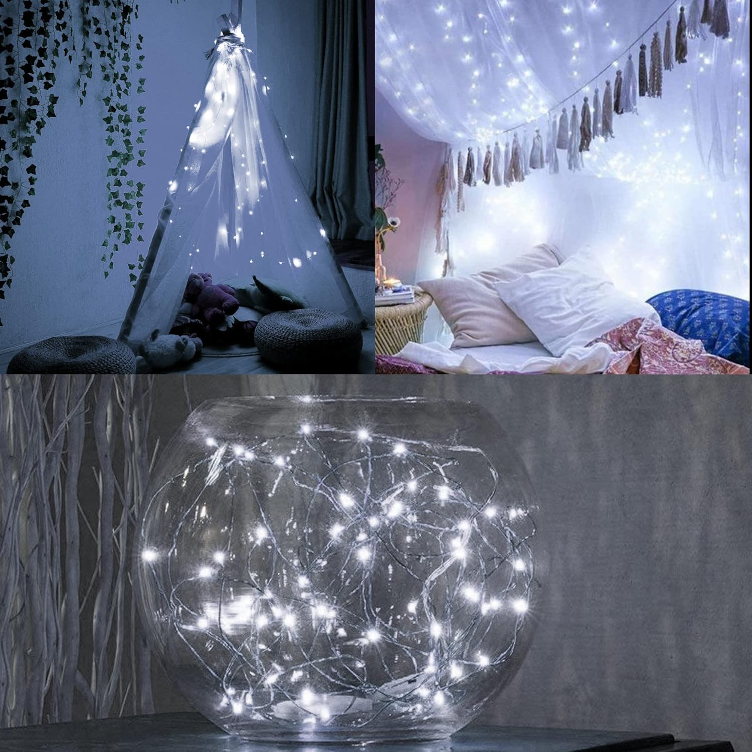 WATERGLIDE Mini String Lights - 24 Pack Battery Operated 7 ft Waterproof Silver Wire | Cool White LED Fairy Lights for Wedding & Party Decor