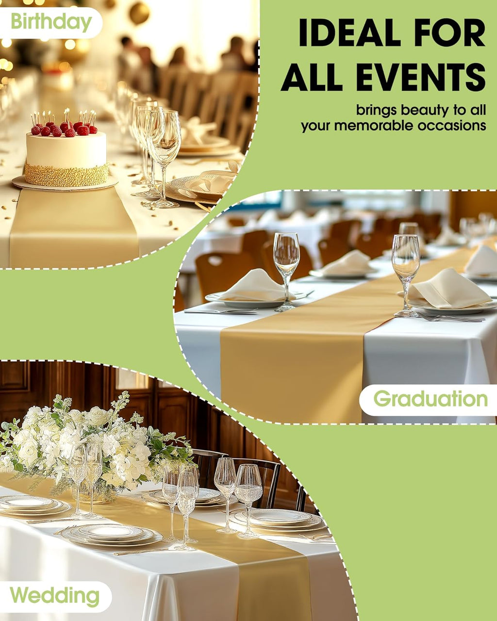 Pureegg Gold Plastic Table Runners - Water Resistant & Disposable | 10 Pack, 14'' x 108'' for Weddings & Parties