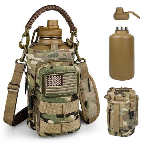 DEFUNX Half Gallon Water Bottle Insulated with Sleeve - Tactical 64 oz Stainless Steel Water Jug with MOLLE Water Bottle Pouch, Gym Water Bottles for Men Hiking Workout (CP Camo)