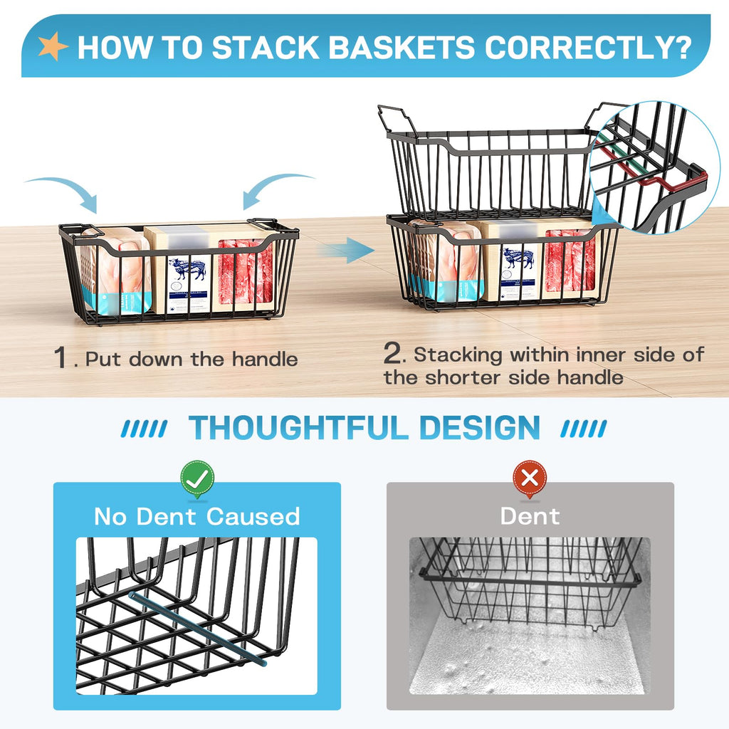 SUNALLY Freezer Organizer Bins, 4 Pack Stackable Chest Freezer Organizer for 5-7 Cu.FT Deep Freezer Sort Frozen Meats and Food, Freezer Storage Baskets with Handles Easy Reach from Bottom, Black