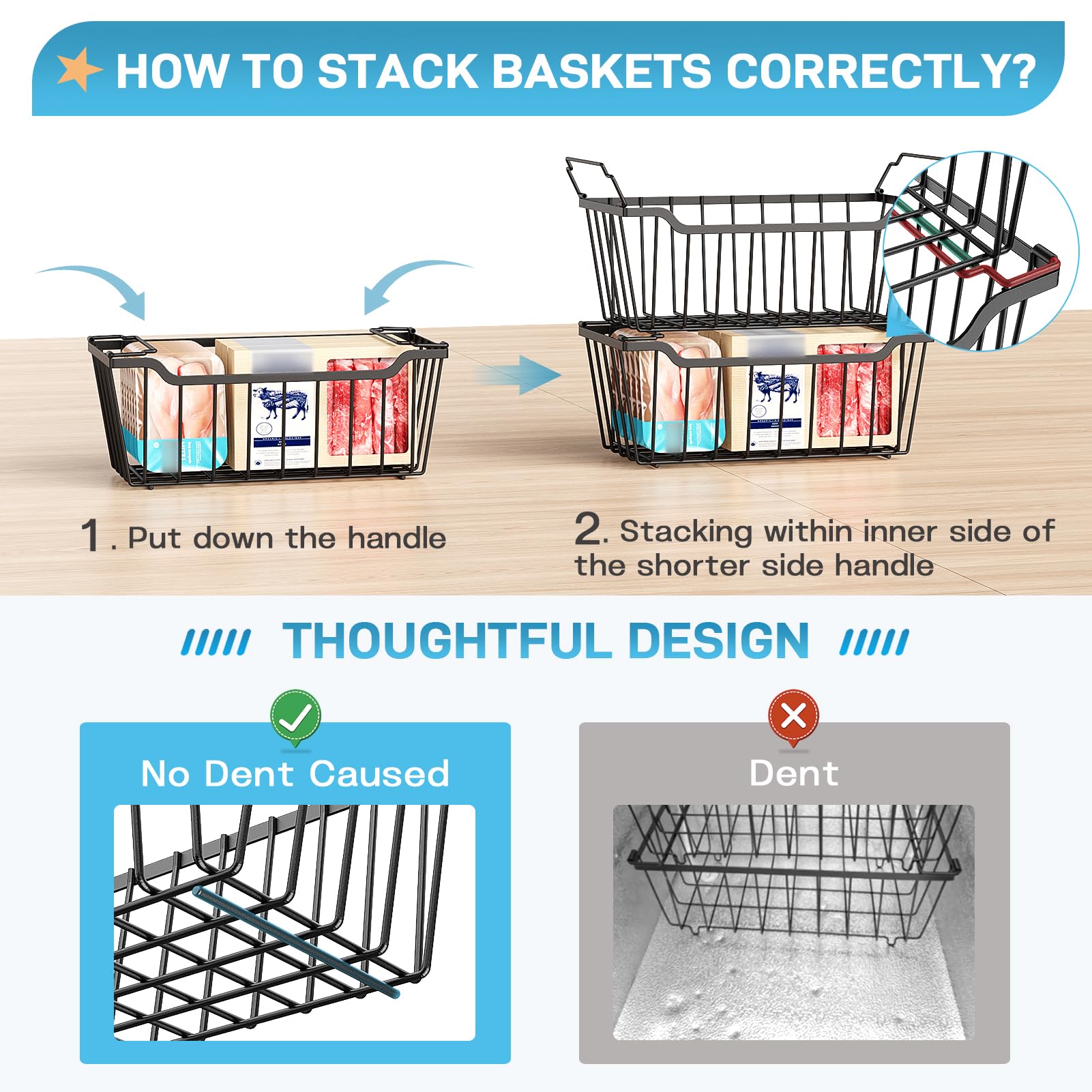 SUNALLY Freezer Organizer Bins, 4 Pack Stackable Chest Freezer Organizer for 5-7 Cu.FT Deep Freezer Sort Frozen Meats and Food, Freezer Storage Baskets with Handles Easy Reach from Bottom, Black