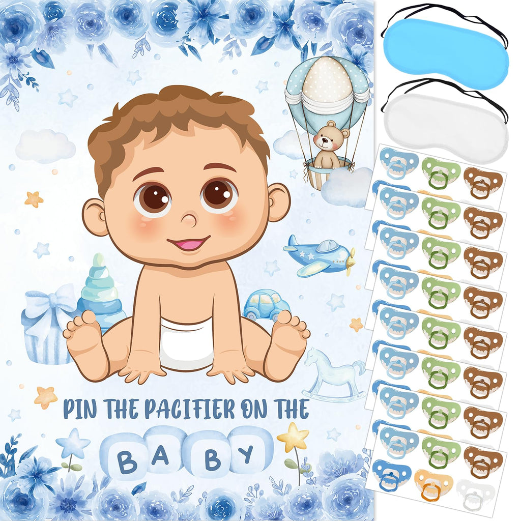 Pin The Pacifier On The Baby Game, Blue Baby Shower Decoration Pin Pacifier on Baby Poster Game with Poster 48 Pacifier Stickers Blindfold Game for Blue Bear Baby Shower Birthday Party Decorations