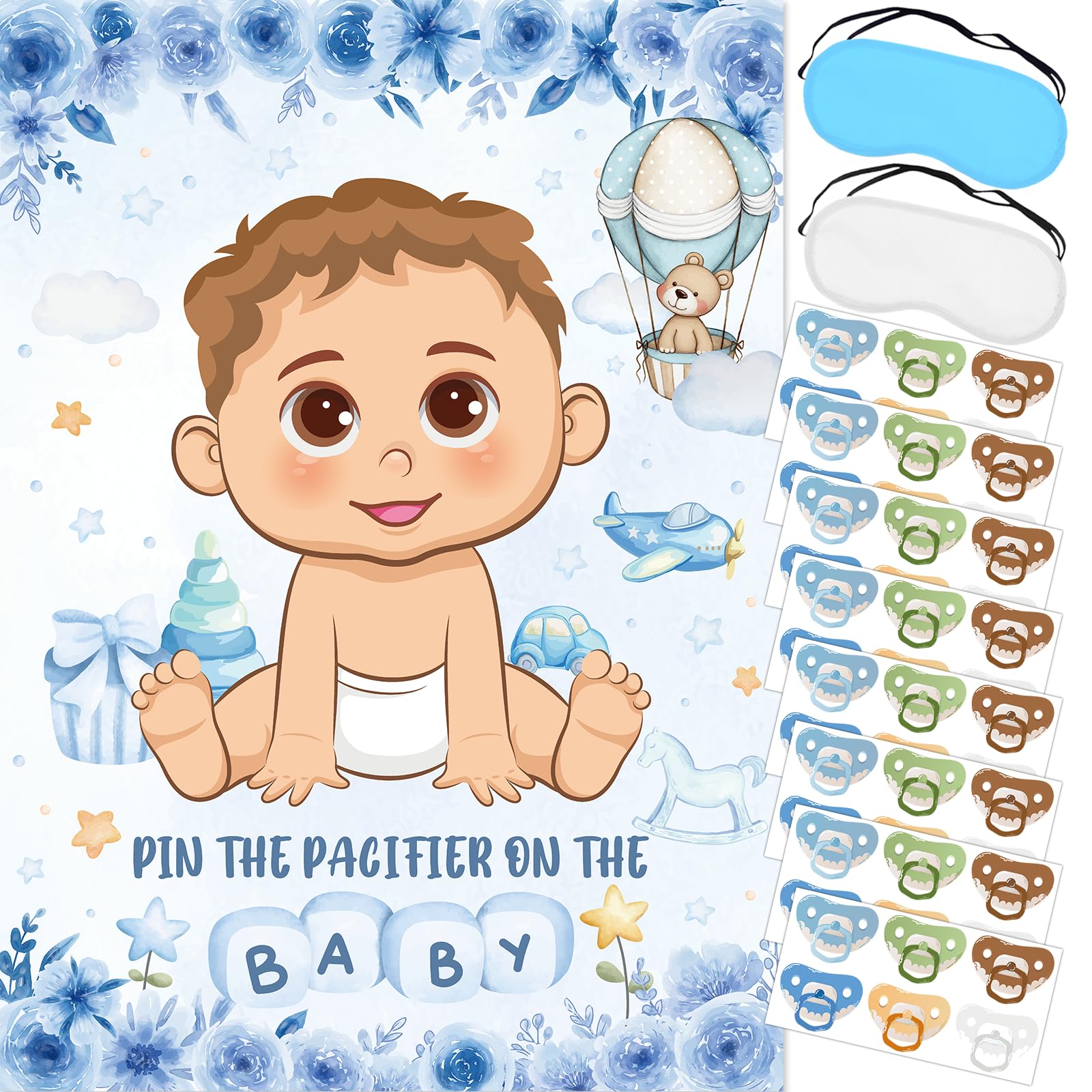 Pin The Pacifier On The Baby Game, Blue Baby Shower Decoration Pin Pacifier on Baby Poster Game with Poster 48 Pacifier Stickers Blindfold Game for Blue Bear Baby Shower Birthday Party Decorations