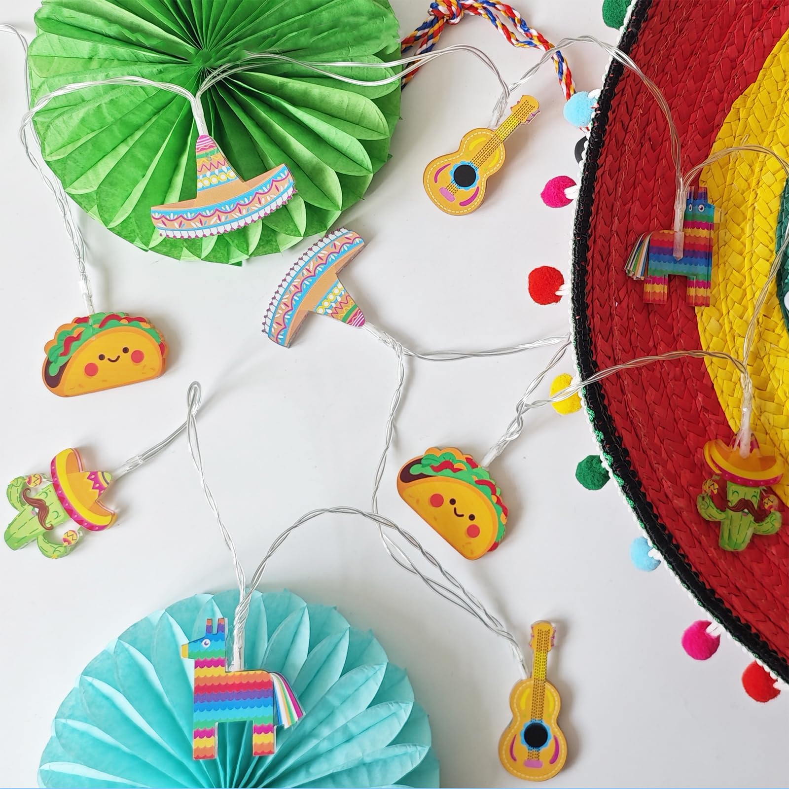 Cinco De Mayo Decorations Mexican Fiesta Theme Party String Lights, Fairy 10Led Battery Operated with Timer, Piñata Guitar Taco Sombrero Hat Cactus with Maracas Shaped Birthday Decor Tree Ornaments