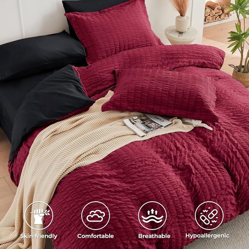 HYMOKEGE California King Comforter Set - Luxury 7-Piece Red & Black Seersucker Bedding | All-Season Comfort