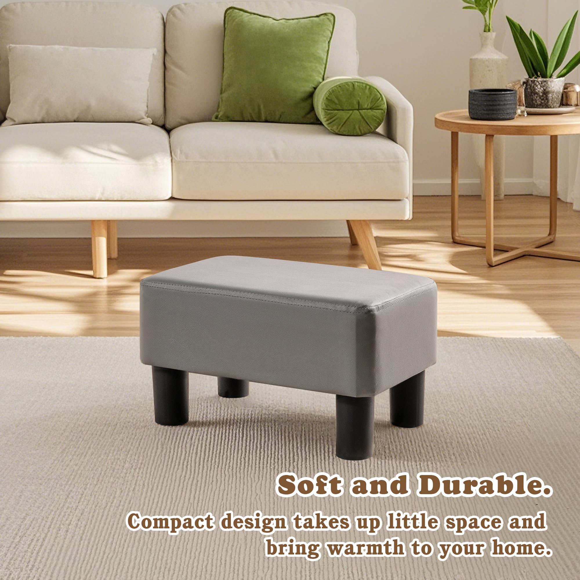 VECELO Small Foot Stool Ottoman, PU Foot Rest with Legs, Rectangle Footrest for Living Room Couch, Gray