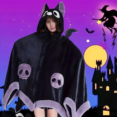Cute Halloween Wearable Blanket Hoodie Free Size for Adults Devil Bat Hooded Blanket Oversized Soft Sherpa Hoodie Women Throw Cloak Wrap with Demon Wings for Men Child Student