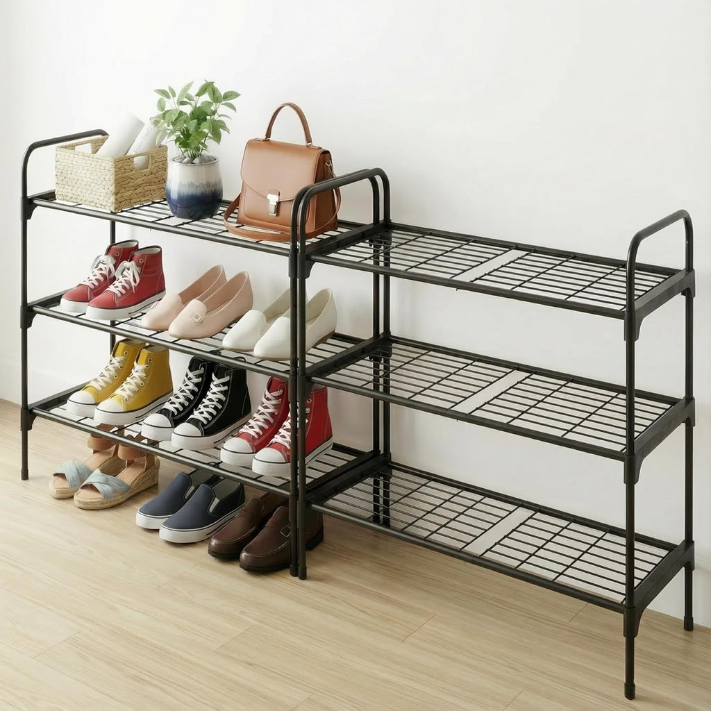 3-Tler Shoe Rack Organizer - Rustproof Iron Shoe Storage Shelf for Closet & Entryway | Fits Sneakers & Slippers, Black