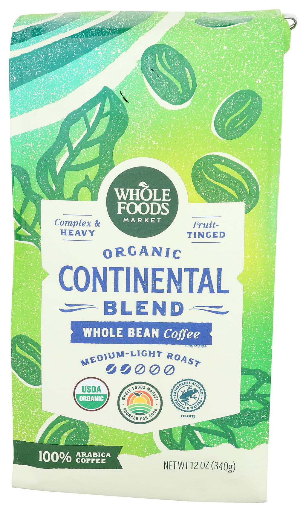 Whole Foods Market, Organic Continental Blend Whole Bean Coffee, Medium-Light Roast, Complex & Heavy, Fruit-Tinged, 12 Ounce