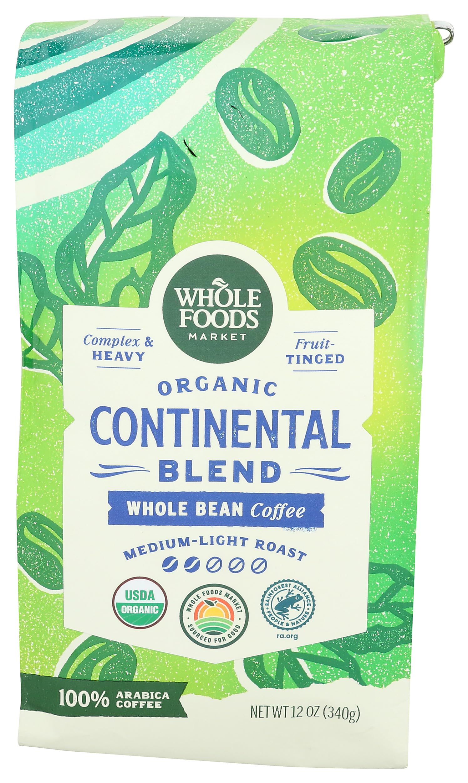 Whole Foods Market, Organic Continental Blend Whole Bean Coffee, Medium-Light Roast, Complex & Heavy, Fruit-Tinged, 12 Ounce
