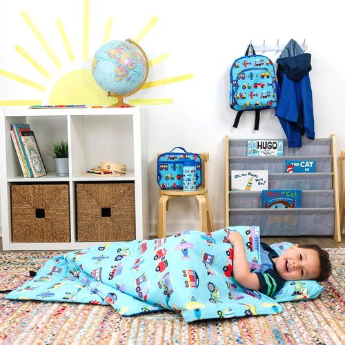 Wildkin Kids Original Nap Mat – Cozy Kids Sleep Mat with Pillow, Ideal for School & Travel - Trains, Planes, and Trucks
