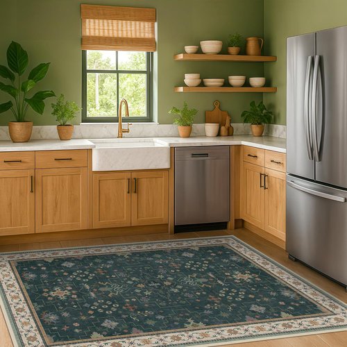 Hazo Haus Dark Green 4x6 Area Rug - Modern Vintage Boho Floral Design, Washable & Non-Slip for Home & Office