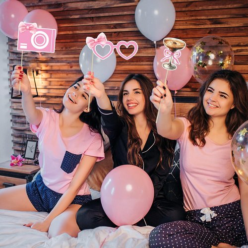 Pink Party Decorations Photo Booth Props Signs,25pcs Pink Birthday Decorations Selfie Props with Sticks for Women Coquette Birthday Decorations Supplies Decor Favors