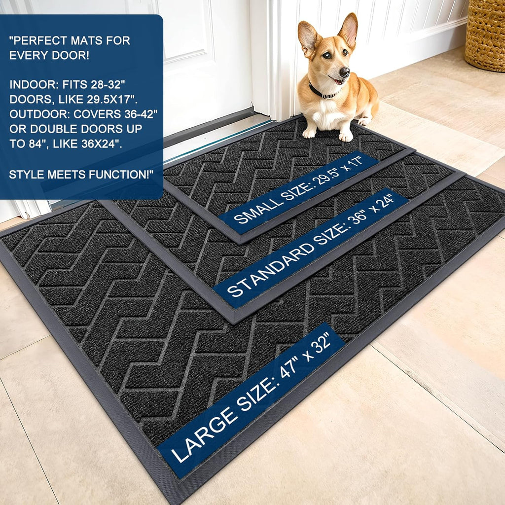 OLANLY Waterproof All-Season Front Door Mat - Sturdy Natural Rubber, Easy Clean Herringbone Design | Black, 59x23