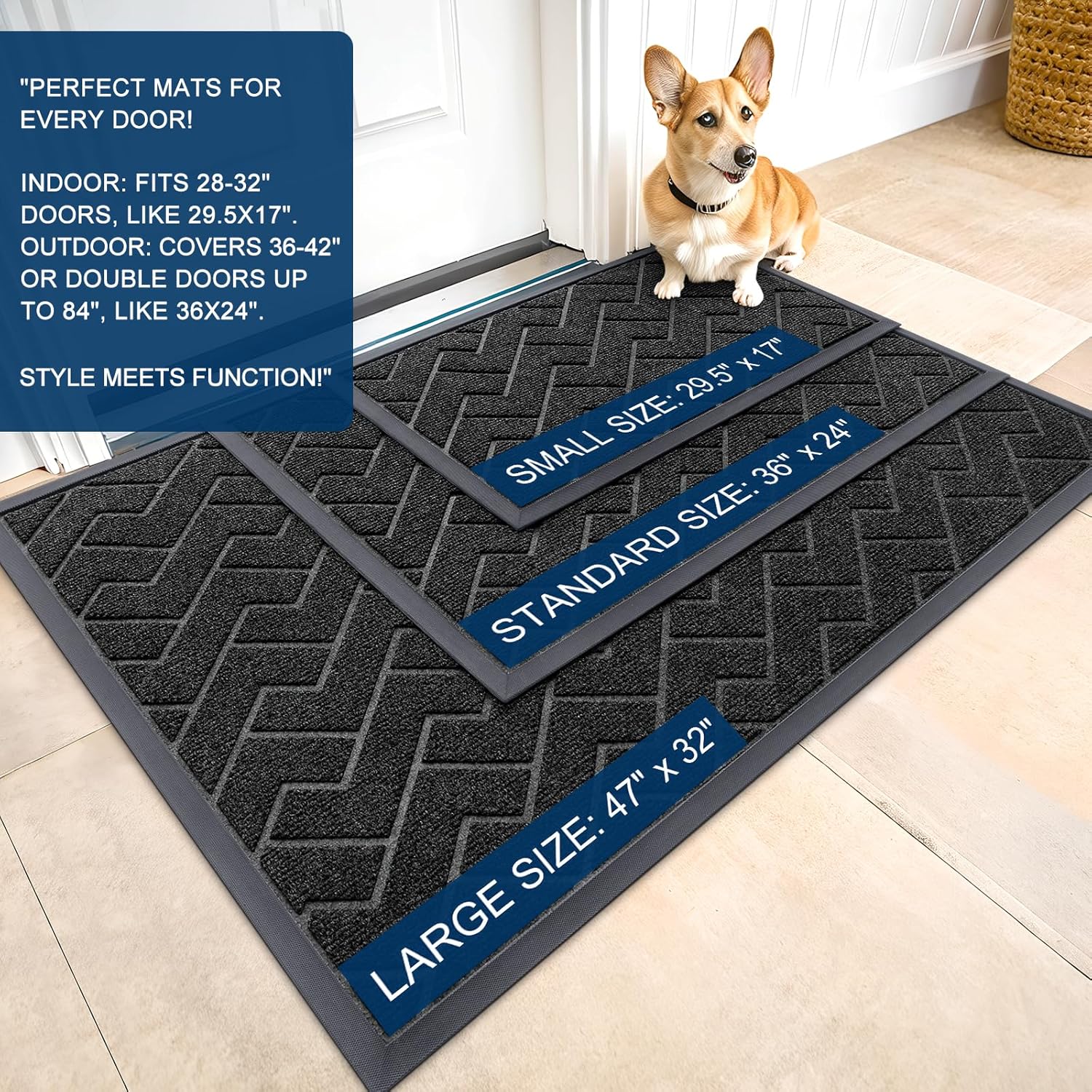 OLANLY Waterproof All-Season Front Door Mat - Sturdy Natural Rubber, Easy Clean Herringbone Design (Black, 71x47)