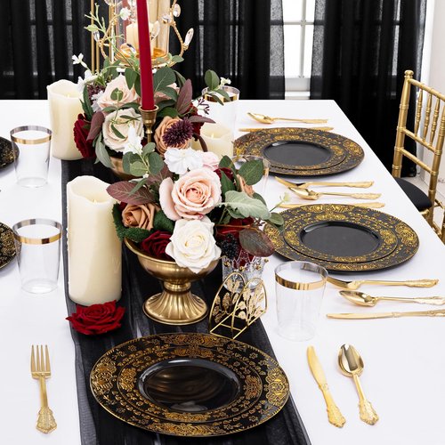 GATHER 350PCS Black and Gold Plastic Plates - Gold Disposable Dinnerware Set Include 50 Dinner Plates, 50 Dessert Plates, 150 Gold Plastic Silverware, 50 Napkins, 50 Cups for Wedding & Party