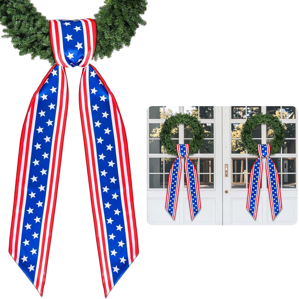 RunNico Patriotic Wreath Sash - 2 Pack Red, White & Blue 53" L x 3.4" W Satin Decor for 4th of July