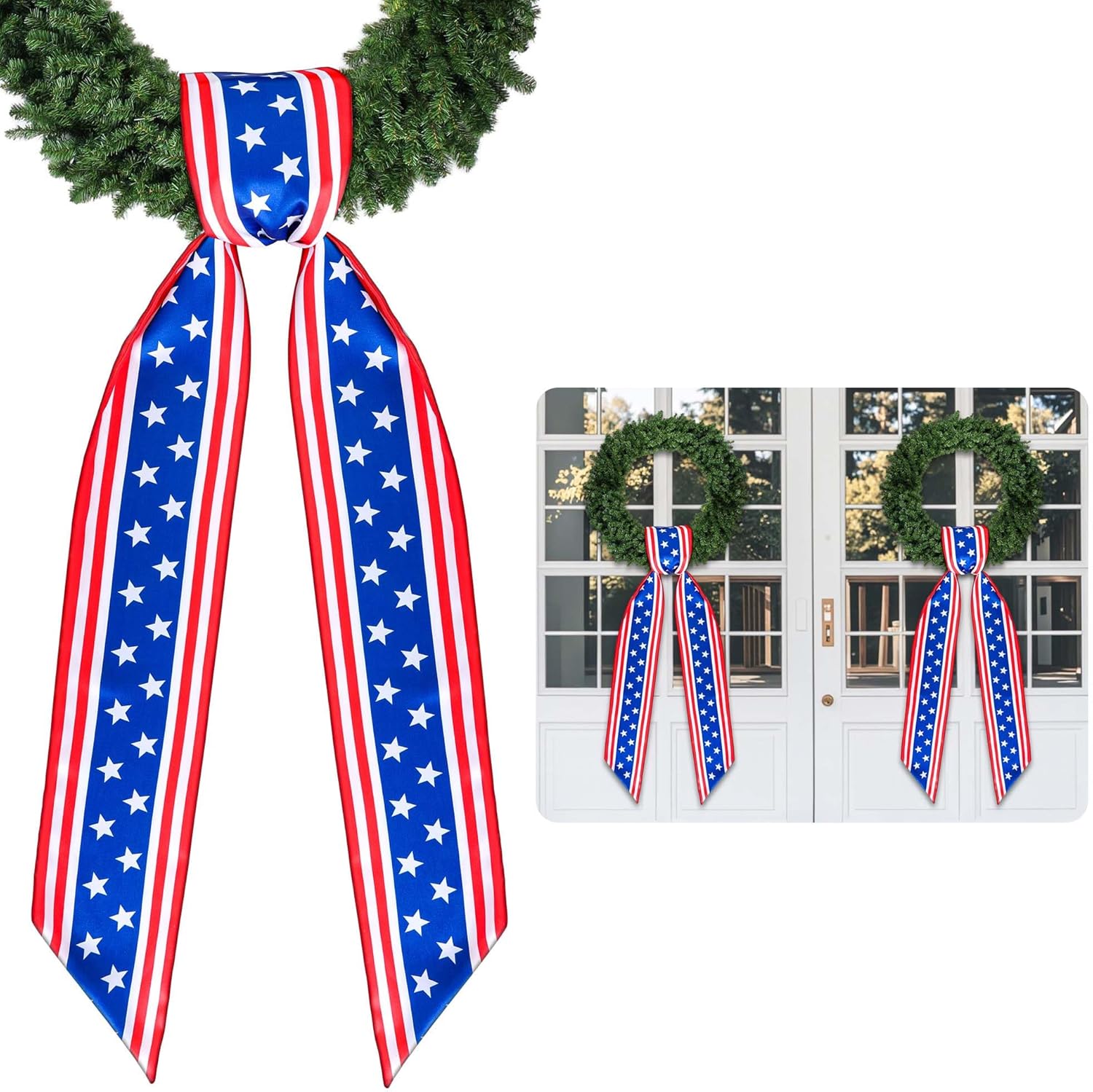 RunNico Patriotic Wreath Sash - 2 Pack Red, White & Blue 53" L x 3.4" W Satin Decor for 4th of July