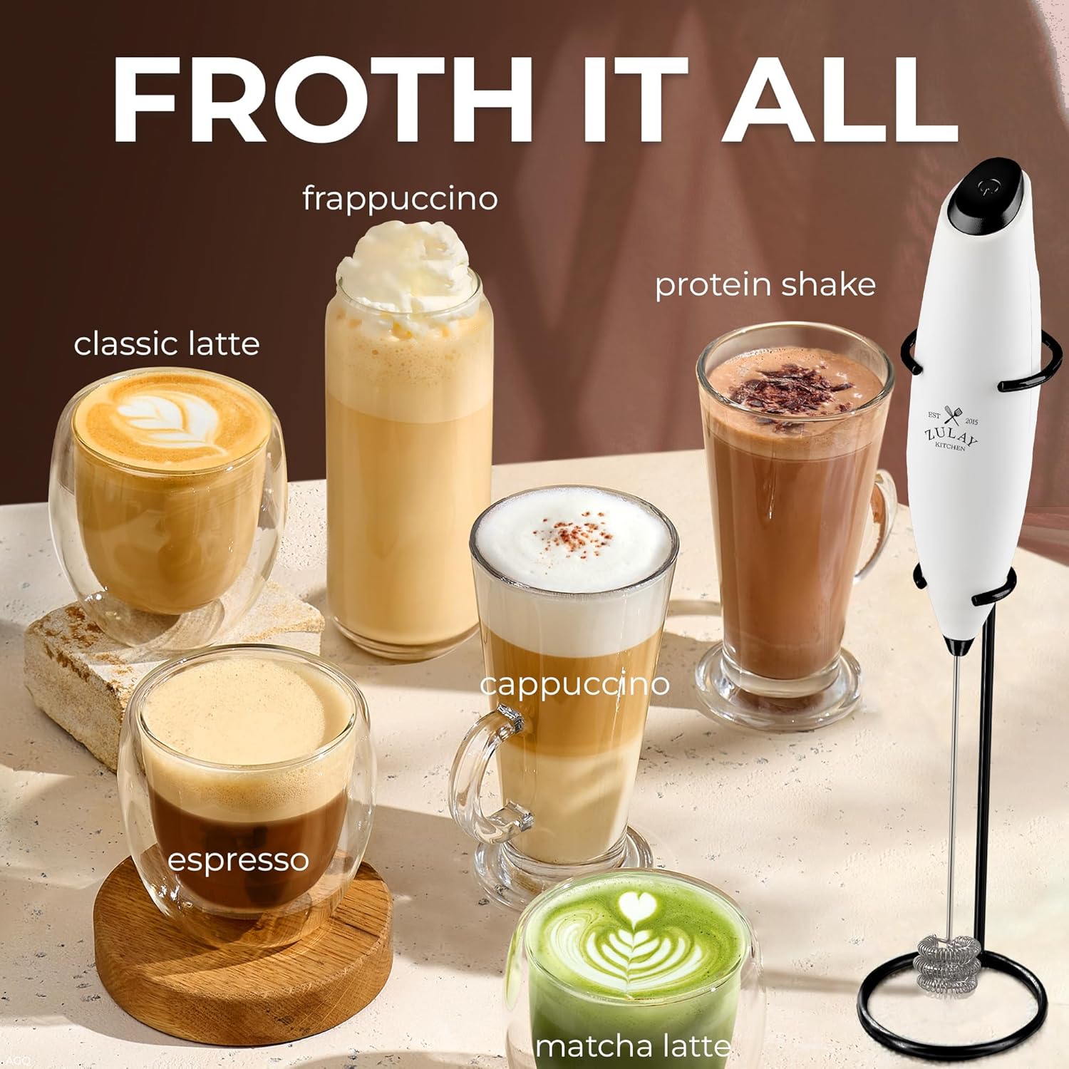 Zulay Kitchen Tornado Triple Whisk Milk Frother - Handheld Foam Maker for Coffee & Lattes | Includes 4 Duracell Batteries - White & Black
