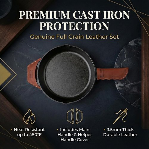 Full Grain Leather Handle Cover Set by Proudly Made in Georgia - Heat Resistant Cast Iron Sleeves for Skillets & Pots
