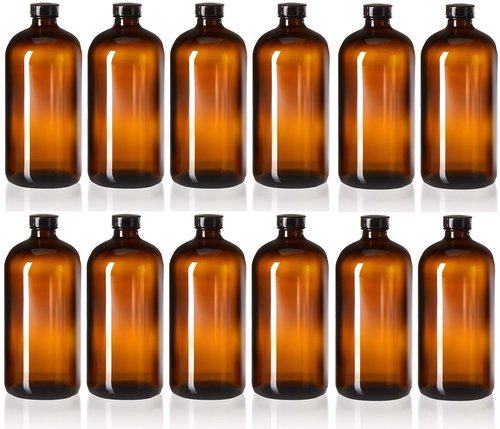 kitchentoolz 32oz Amber Glass Boston Round Bottles with Poly Cone Caps – 12 Pack Leak-Proof Bottles for Brewing, Storage, and DIY Projects