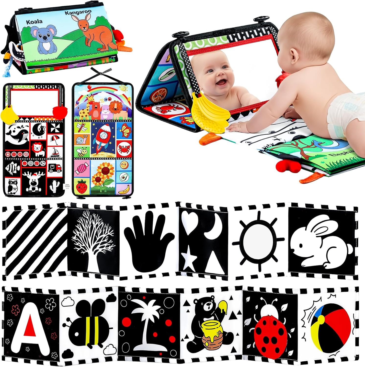 Skiennix 3PCS High Contrast Baby Toys - Tummy Time Mirror & Crinkle Cloth Teether for Newborns