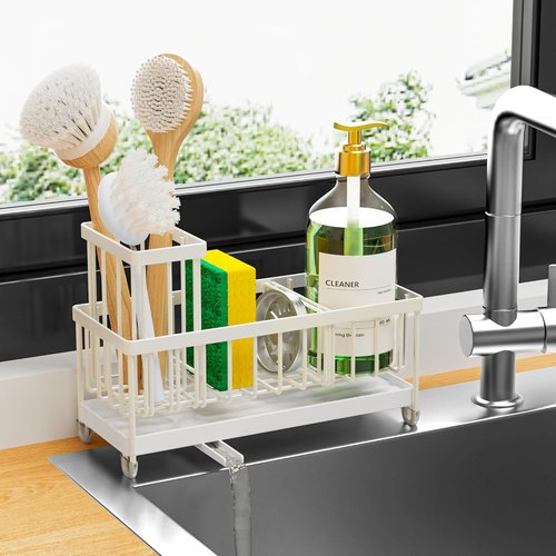 Cisily Kitchen Sink Caddy Organizer - Rustproof 304 Stainless Steel Sponge Holder (Cream, 9.25″)