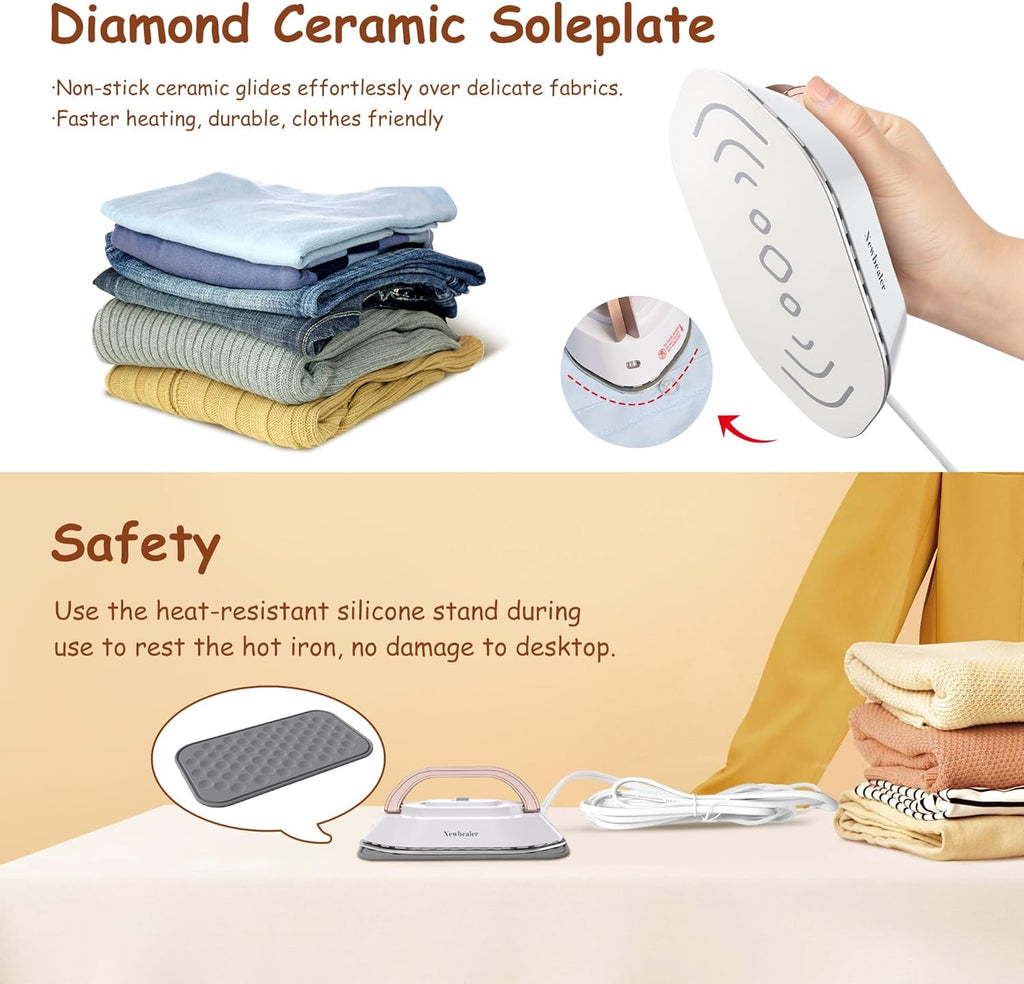 Newbealer Travel Iron - Mini Dry Iron with Global Voltage, 100-240V, 300W, Non-Stick Soleplate (Gold)