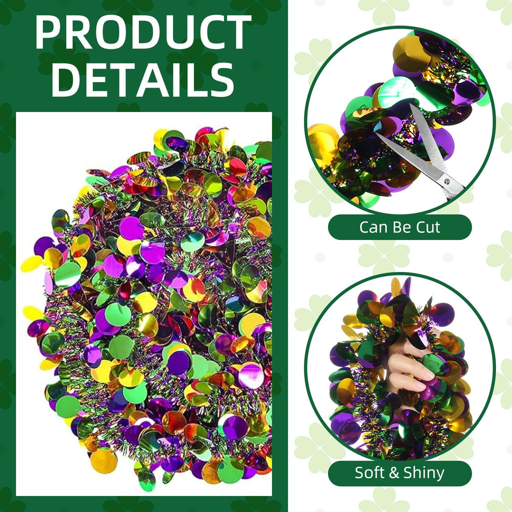 Ohiyoo 100 Feet Mardi Gras Tinsel Garland Gold Green Purple Garland Mardi Gras Christmas Tree Tinsel Metallic Twisted Hanging Streamer for Oktoberfest Birthday Party Decoration