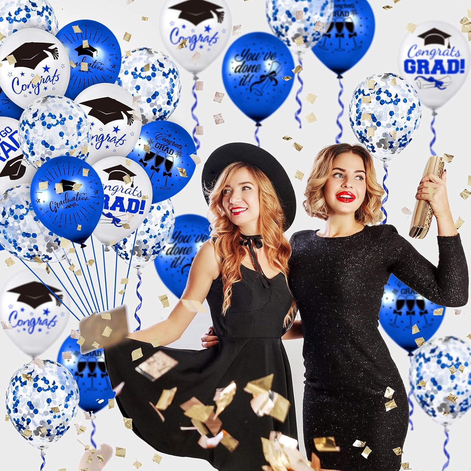 Whaline Graduation Party Balloon Set - 60 Pcs with Blue & White Confetti | 7 Designs & 2 Rolls of Ribbon