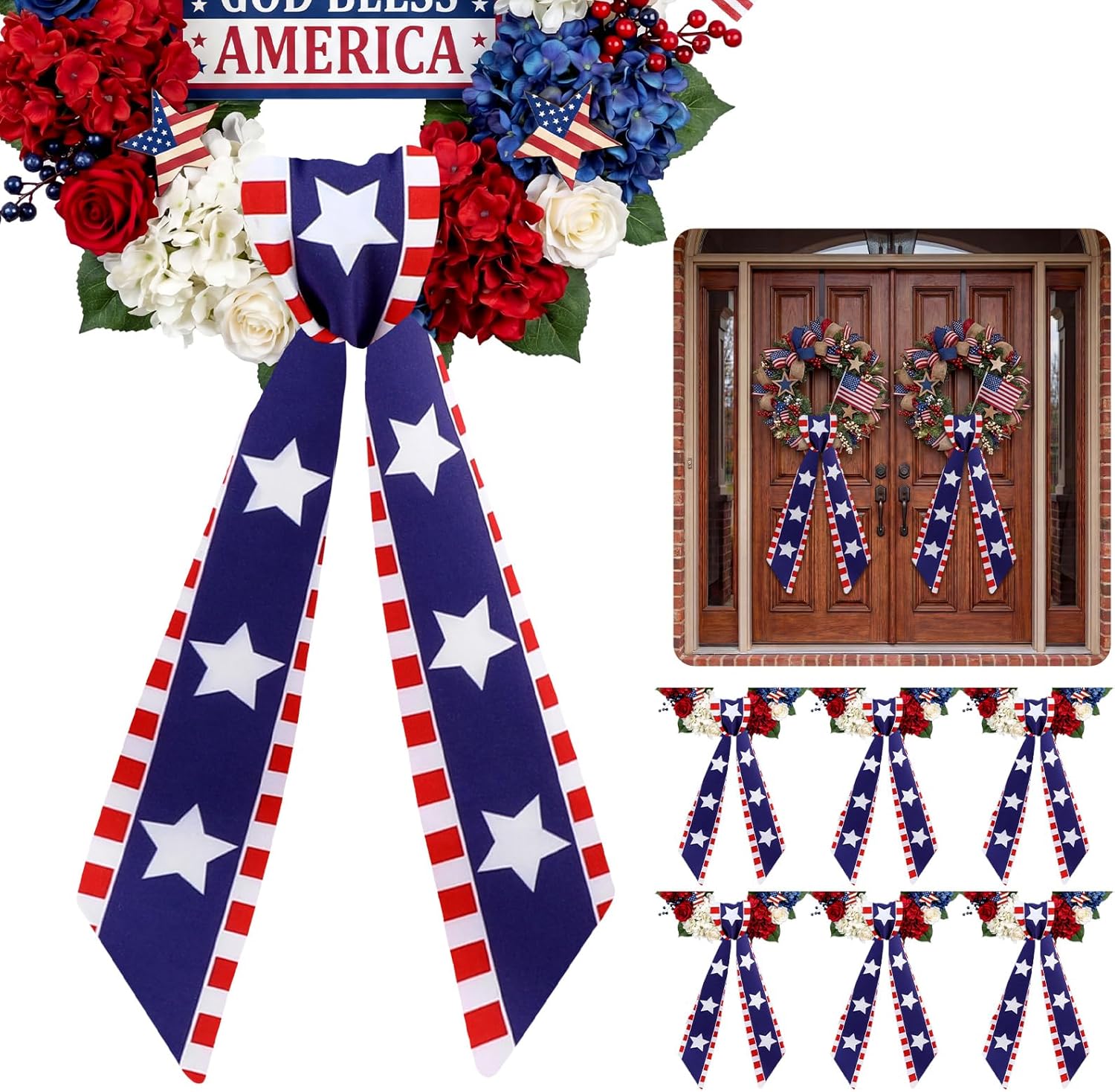 XunYee 6 Pcs Patriotic Wreath Sashes - 250th Anniversary Embroidery Decor for 4th of July & Memorial Day